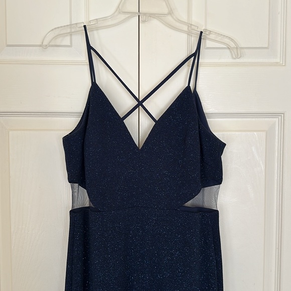 Navy Sparkly Dress with Side Cutouts and Front Slit with Cross V Neckline Size 9 - Picture 2 of 8